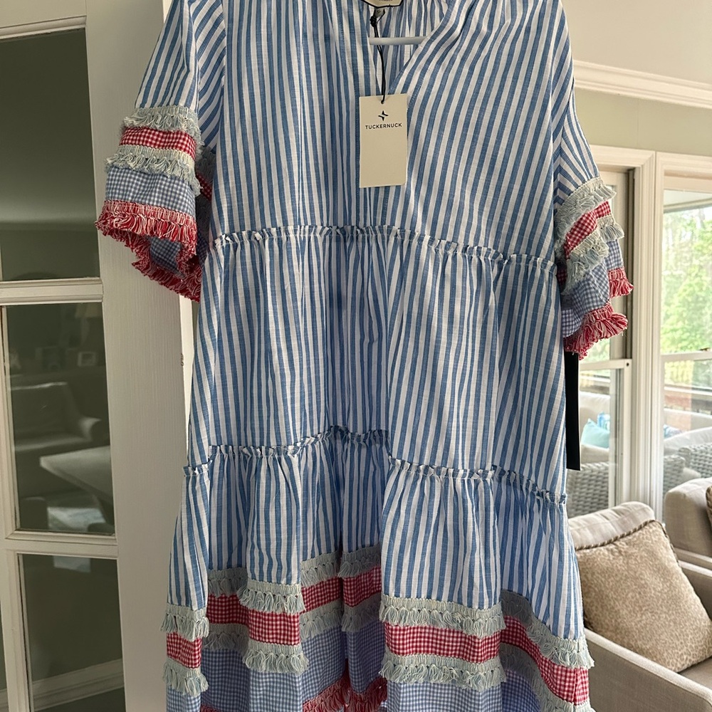 Tuckernuck Blue and White Tiered Sundress with Flutter Sleeves